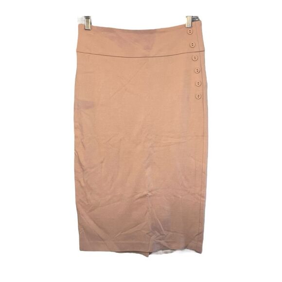 Catherine Malandrino Stretch Midi Skirt Tan Knit Pencil Front Button Detail 2 - Picture 1 of 5